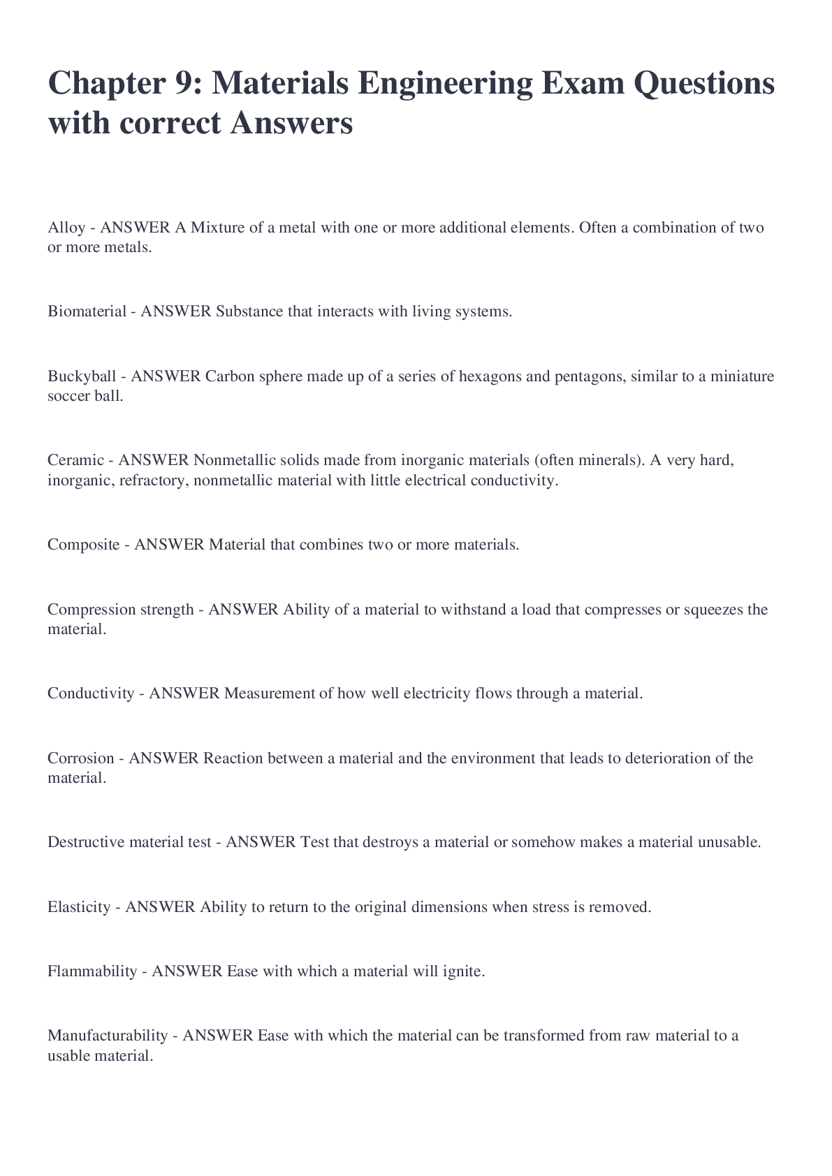 Preview image for Chapter 9: Materials Engineering Exam Questions with correct Answers